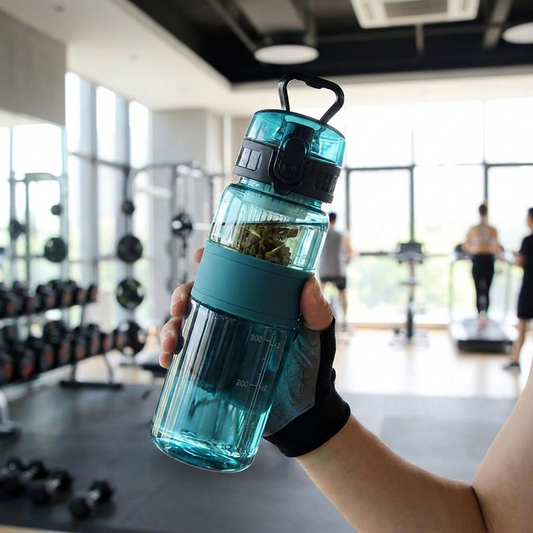 Sports water bottle with tea filter used at the gym