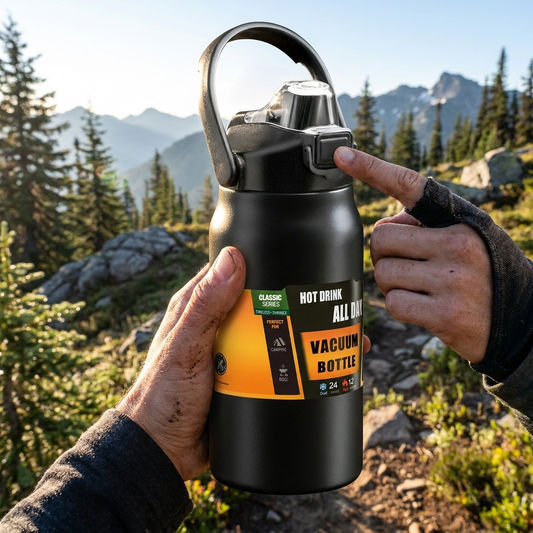 Insulated thermos tumbler with straw on a hiking trail