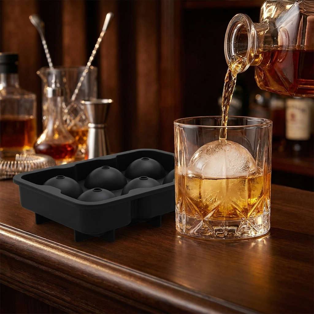 Sphere ice mold with whiskey at a home bar