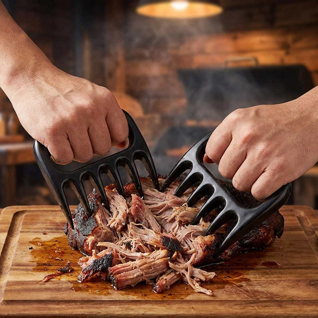 Bear claw meat shredders pulling smoked pork