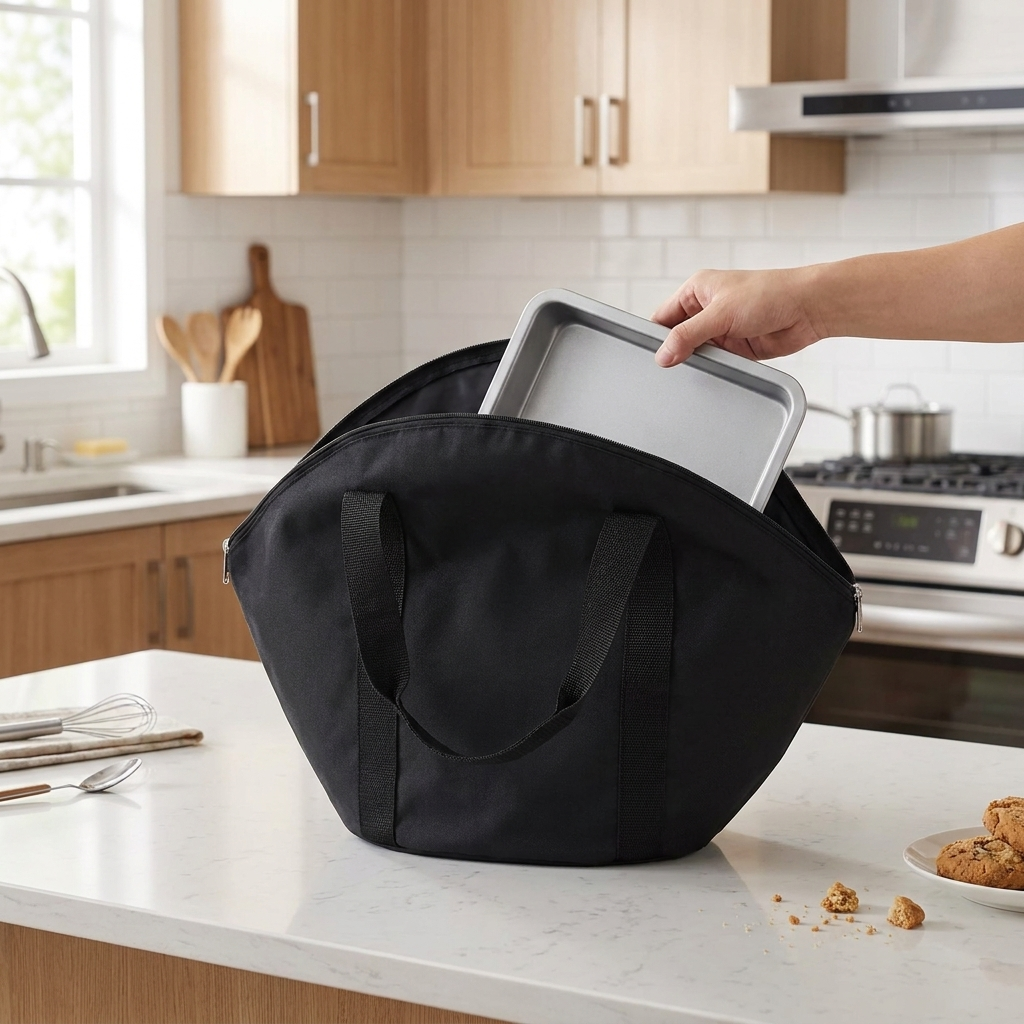 Baking pan storage bag in use in a kitchen