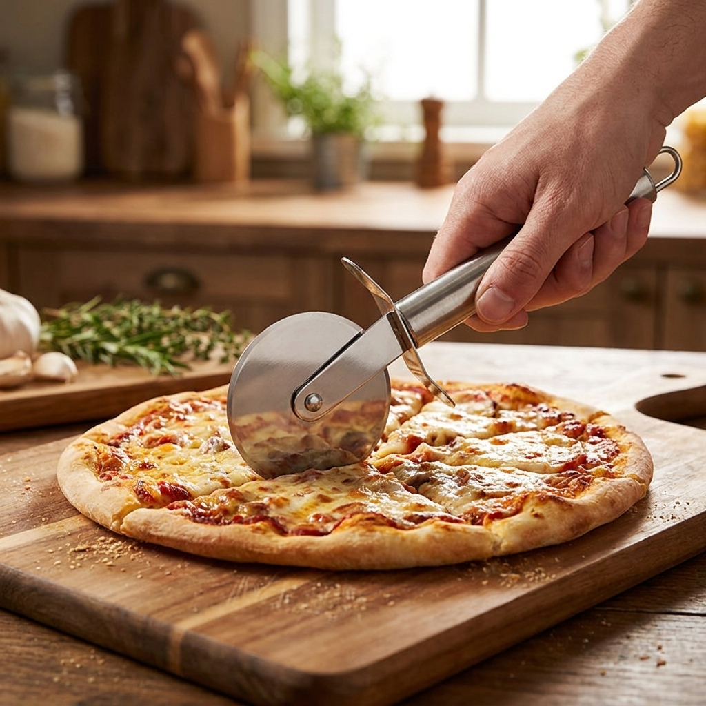 Pizza wheel cutter slicing a homemade pizza