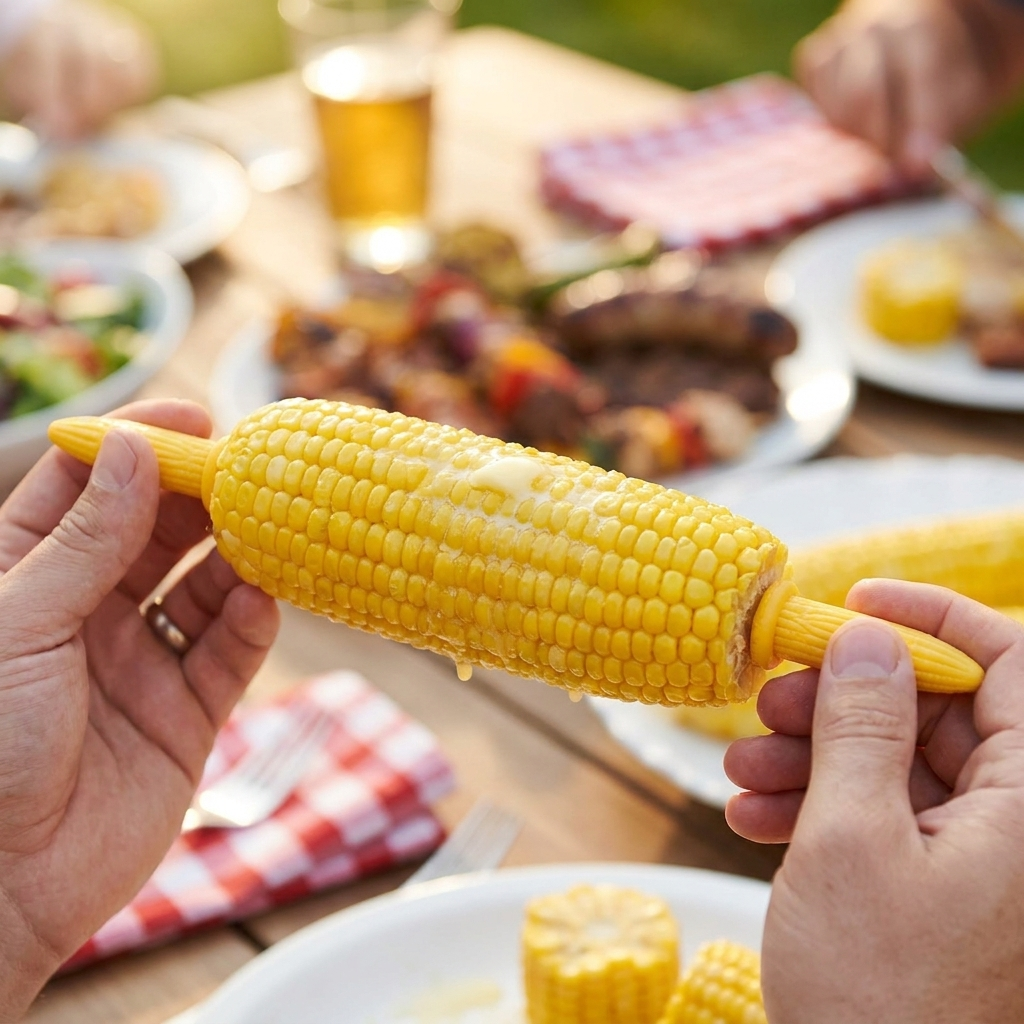 Corn holder forks in buttered corn on the cob