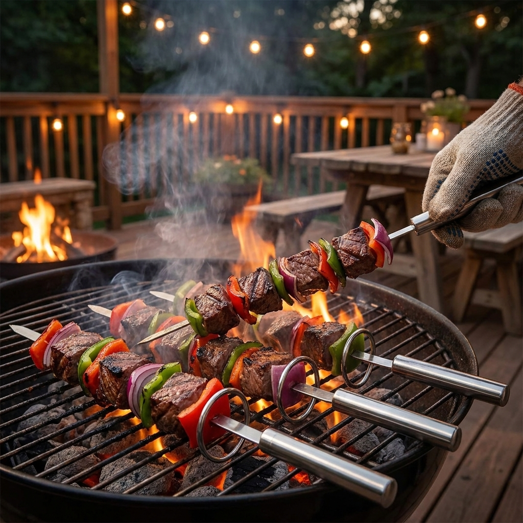 Stainless steel kabob skewers grilling over charcoal