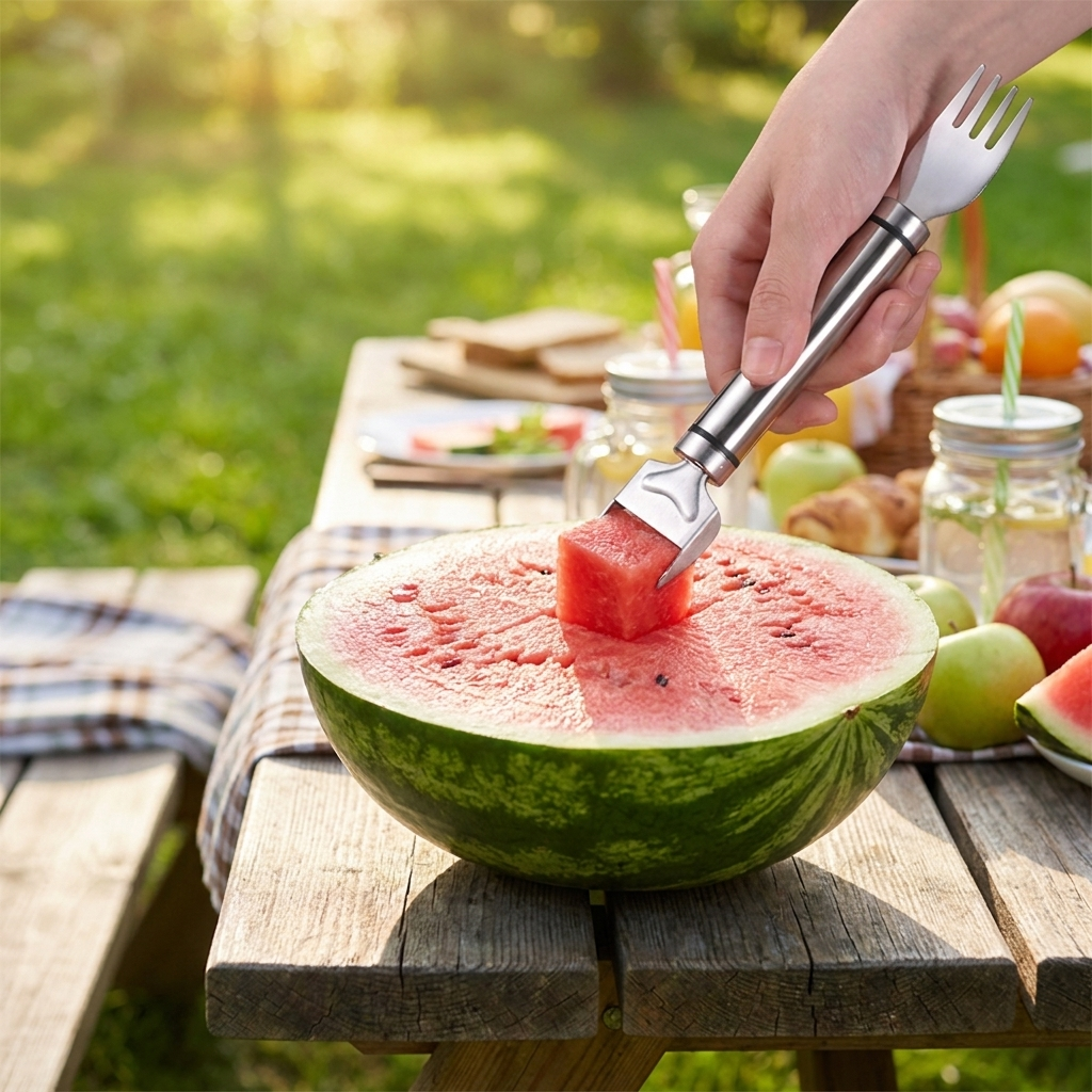 Watermelon slicer fork cutting fruit at a picnic