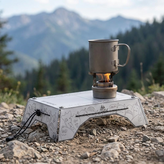 Ultralight folding camping table set up on a trail