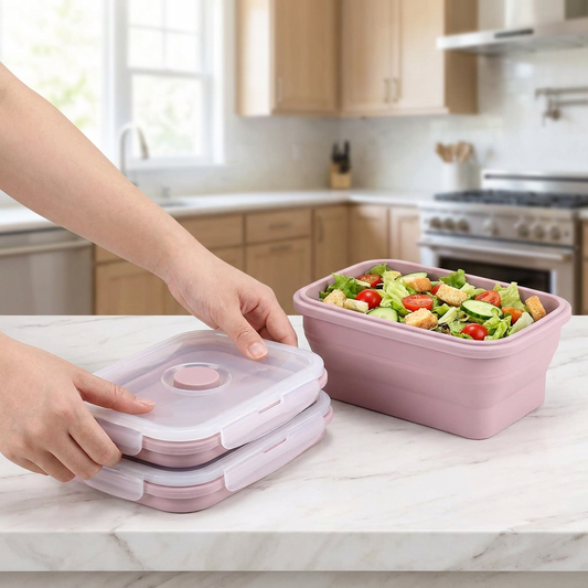 Collapsible silicone food containers in a kitchen
