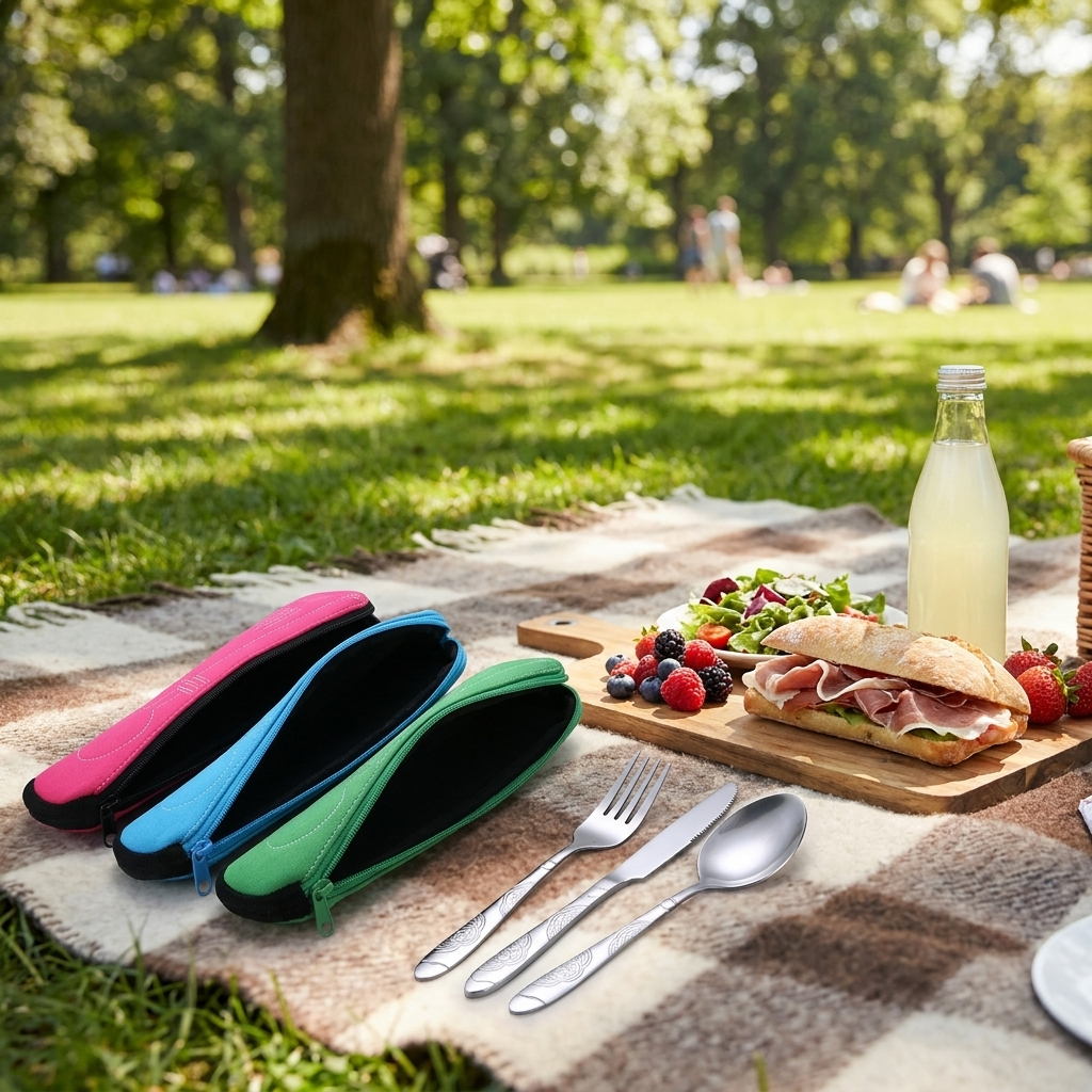 Travel cutlery pouch set open at a picnic