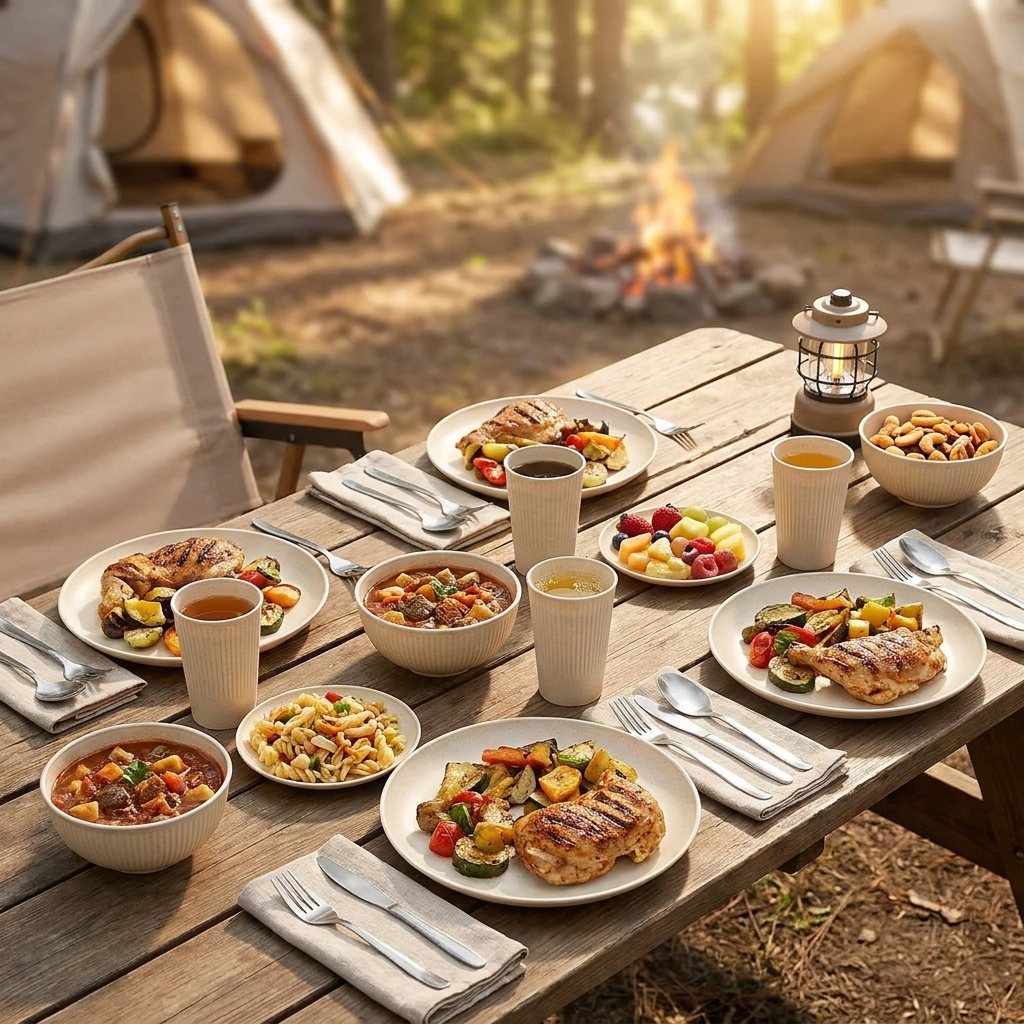 Reusable dinnerware set on a camping table