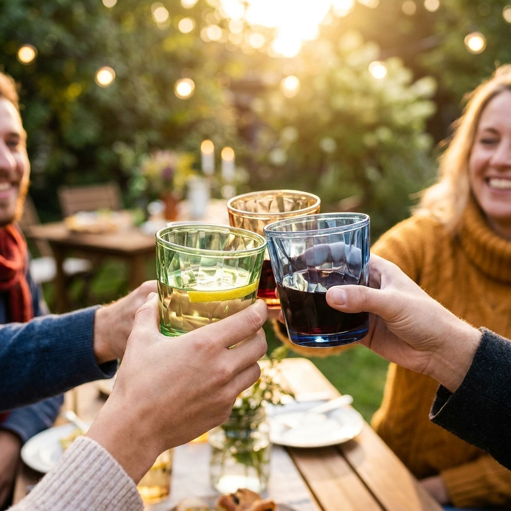 Acrylic wine glasses at an outdoor party toast