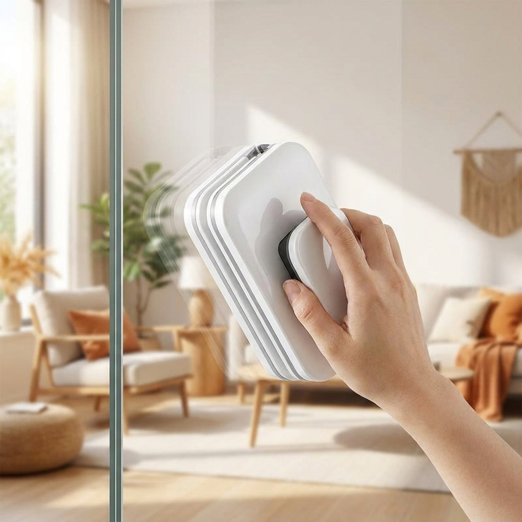 Magnetic window cleaning brush on a home window