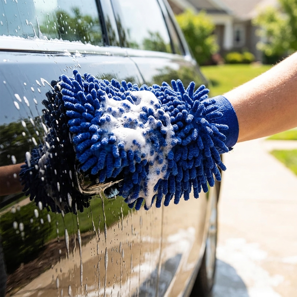 Chenille car wash glove washing a car door