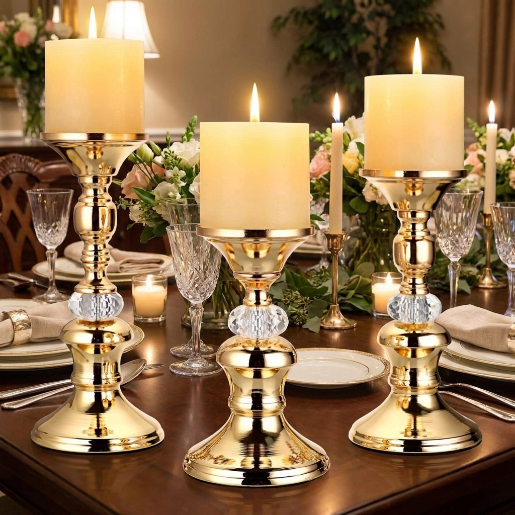 Gold pillar candle holders on a dinner table