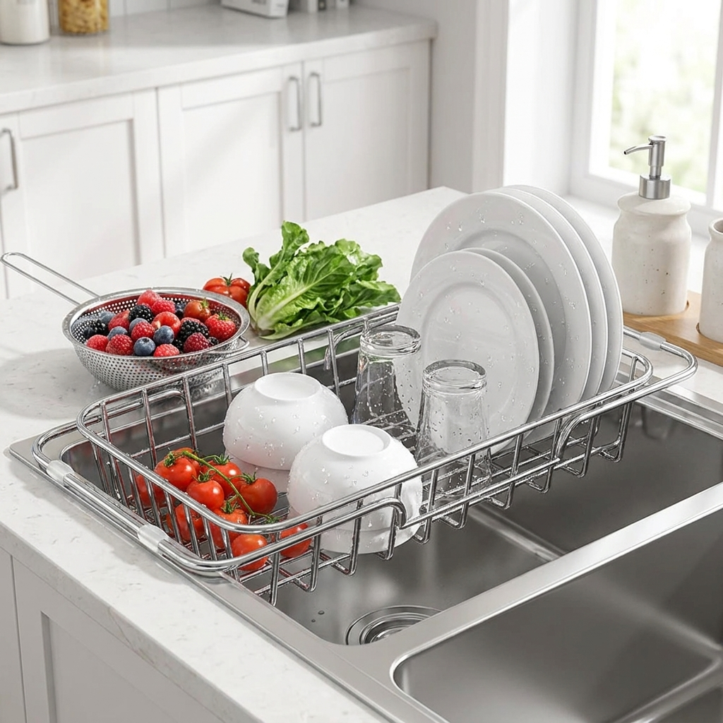 Telescopic sink drain rack holding dishes