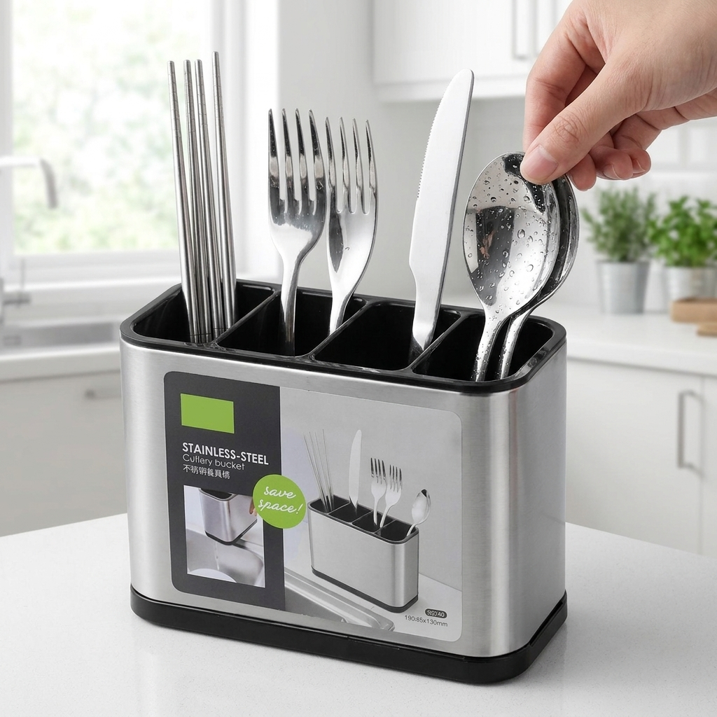 Hand placing spoons into the stainless steel utensil holder on a kitchen counter