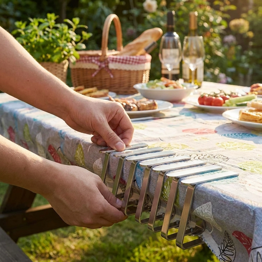 Hands clipping stainless steel tablecloth clips onto an outdoor table
