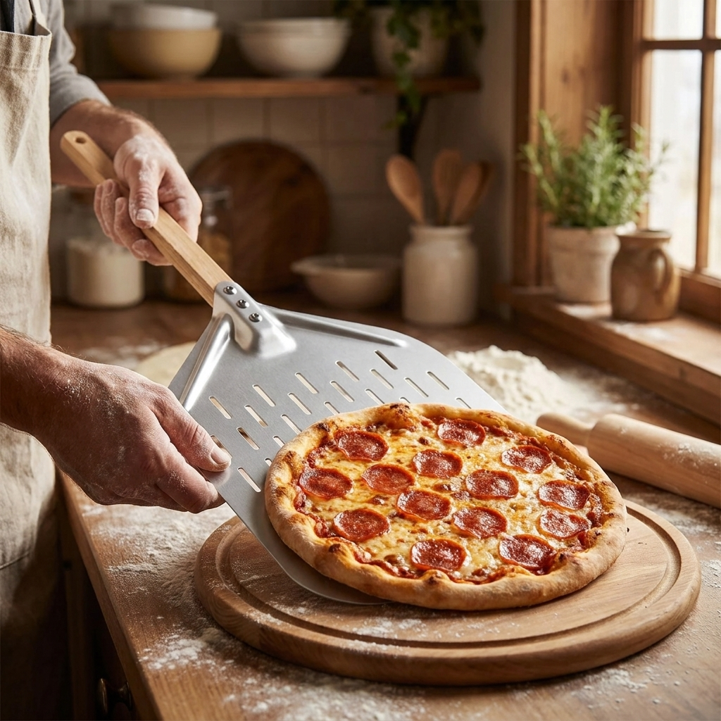Baker sliding a pizza off the metal pizza peel in a home kitchen