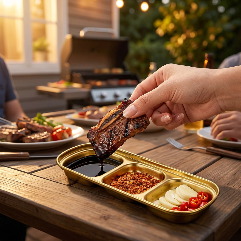Hand dipping food into the stainless steel divided sauce tray at a barbecue