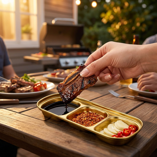 Hand dipping food into the stainless steel divided sauce tray at a barbecue