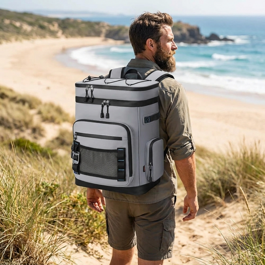 Man wearing the insulated cooler backpack on a coastal walk