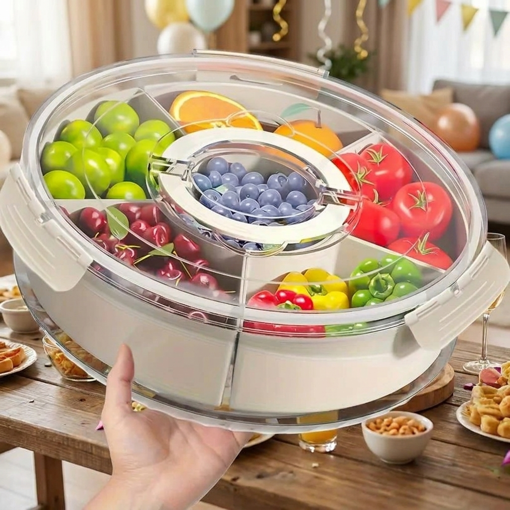 Hand spinning the divided rotating snack tray filled with fruit at a party