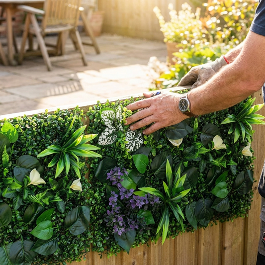 Installing artificial boxwood hedge panel on a fence