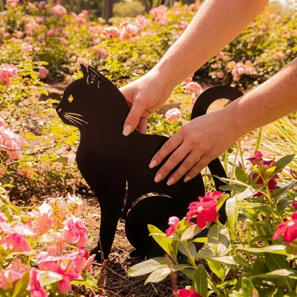 Placing cat silhouette garden stake in a flower bed