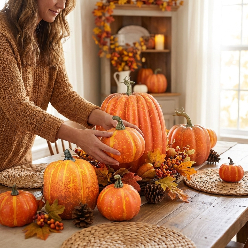 Arranging artificial foam pumpkins on autumn dining table