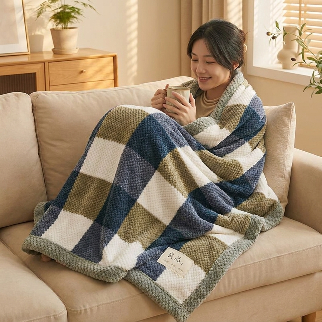 Woman wrapped in chenille knit throw blanket on sofa