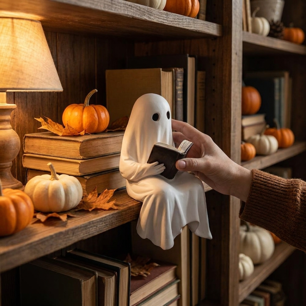 Hand placing reading ghost resin statue on bookshelf