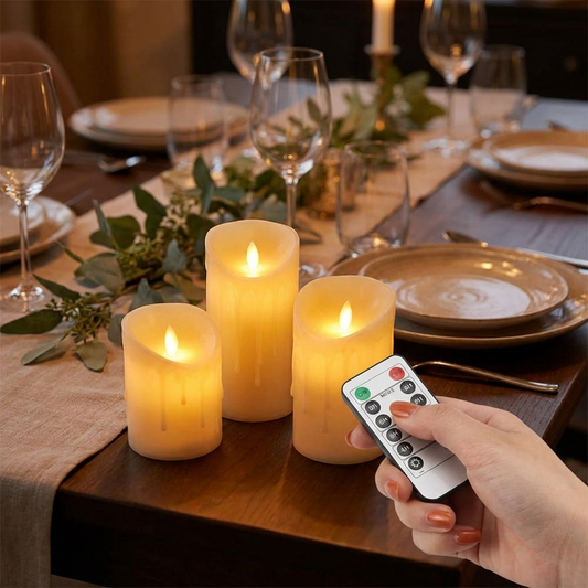 Remote control LED flameless candles on a dining table