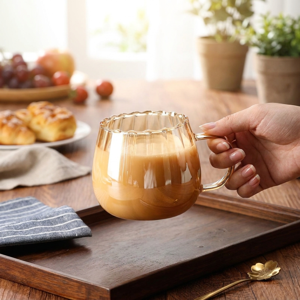 Hand lifting striped glass pumpkin mug at breakfast
