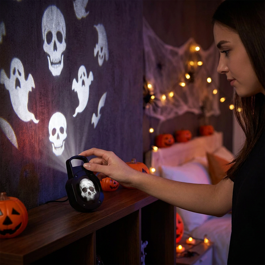 Halloween skull projector light casting patterns in a room
