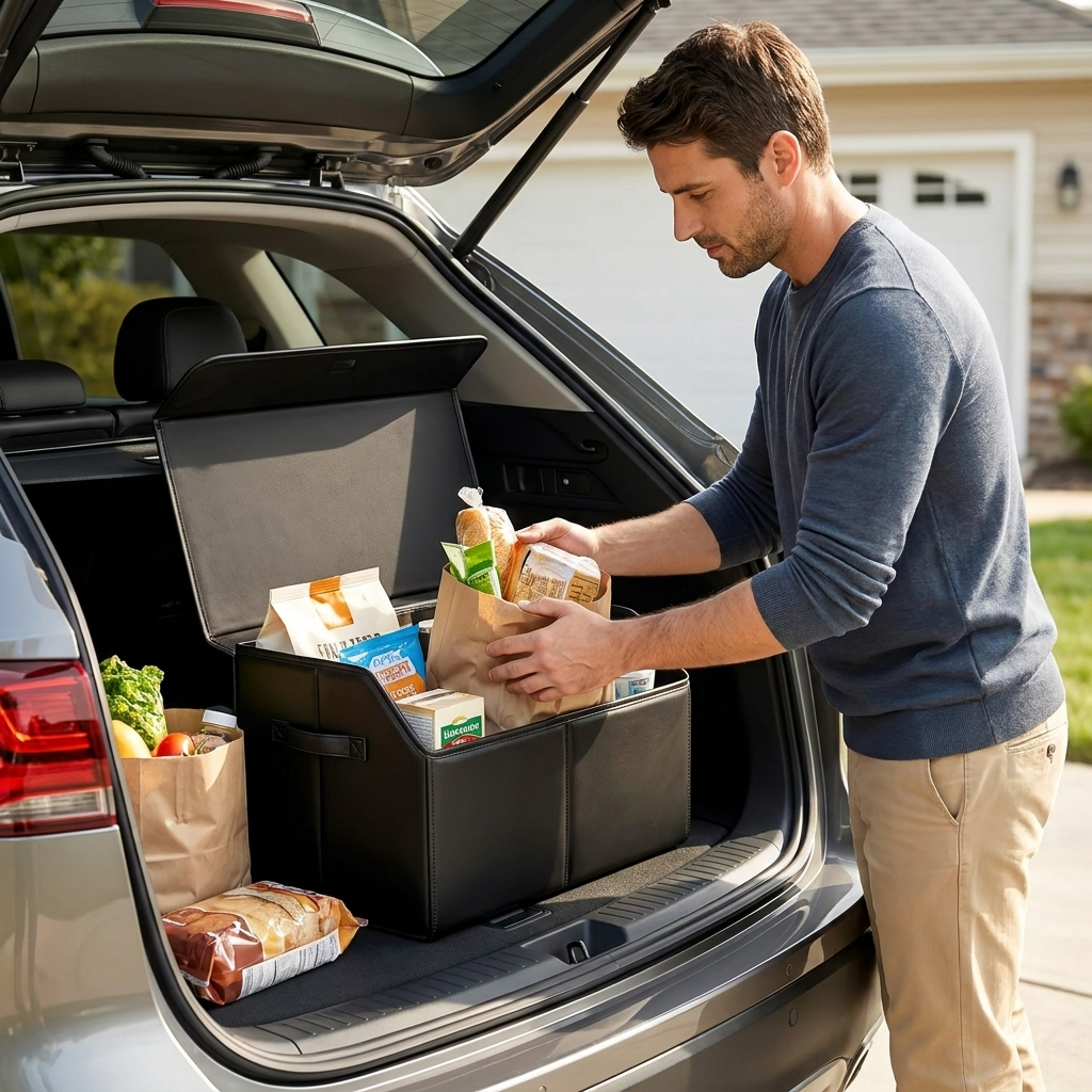 Man loading groceries into the collapsible car trunk organizer