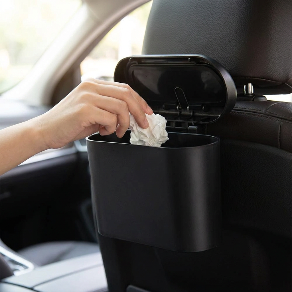 Hand opening the hanging car trash bin fitted behind a car seat
