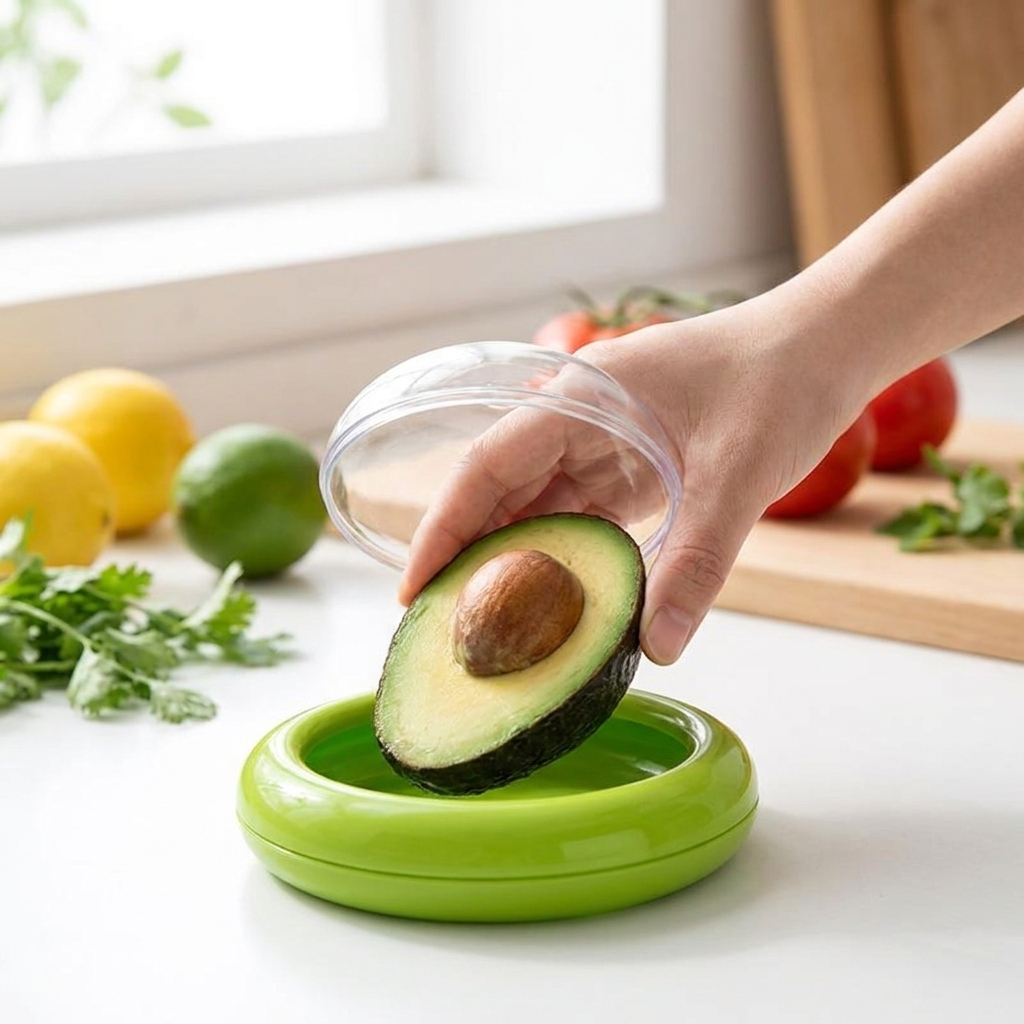 Hand placing an avocado into the fresh-keeping storage container