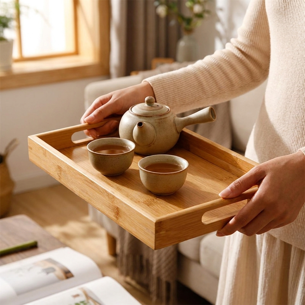 Hands carrying the bamboo tea tray with cups in a living room