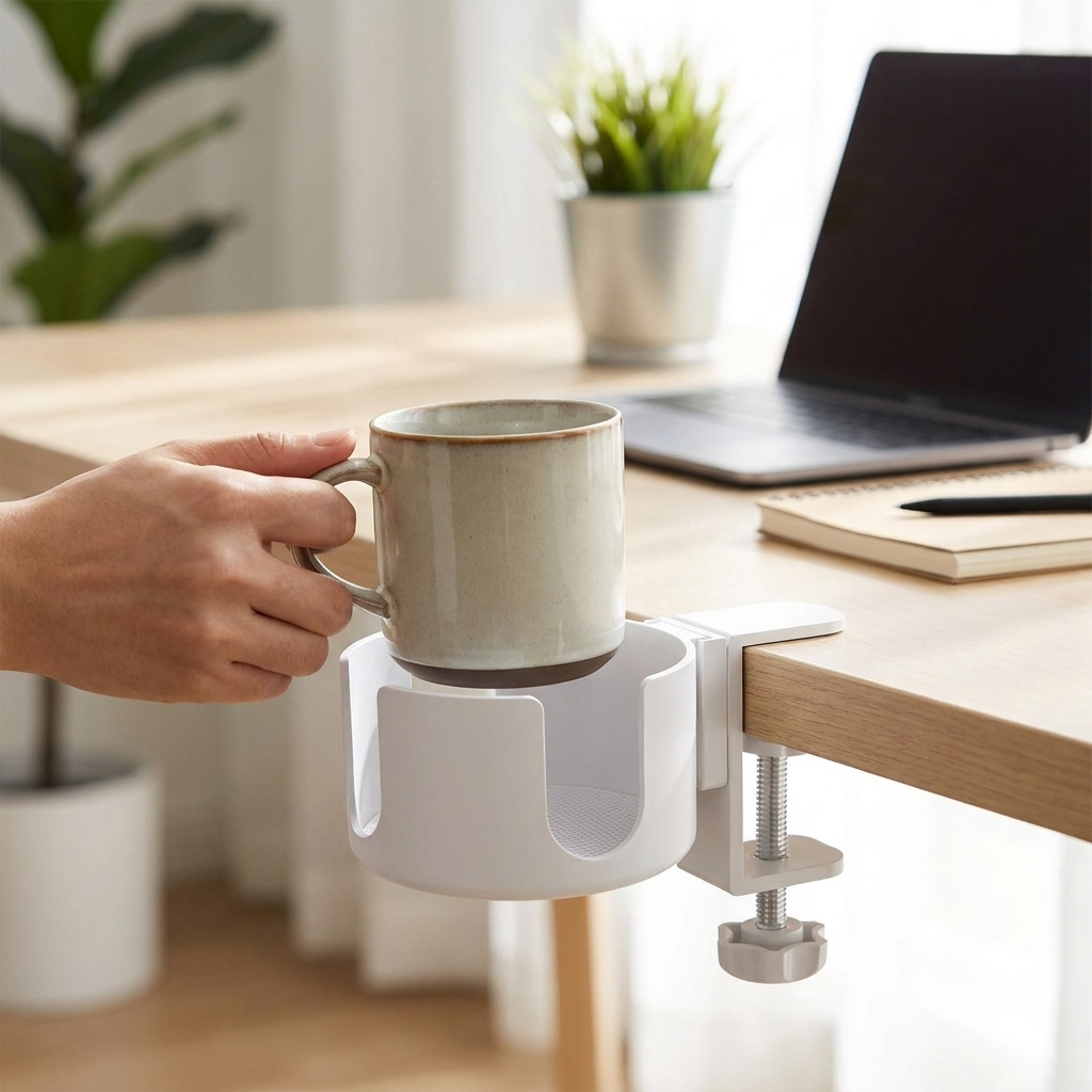 Hand placing a mug into the adjustable desk cup holder clamp