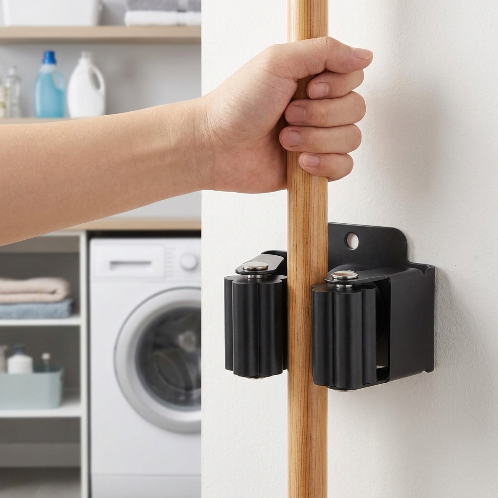 Hand clipping a broom into the wall mounted stainless steel holder