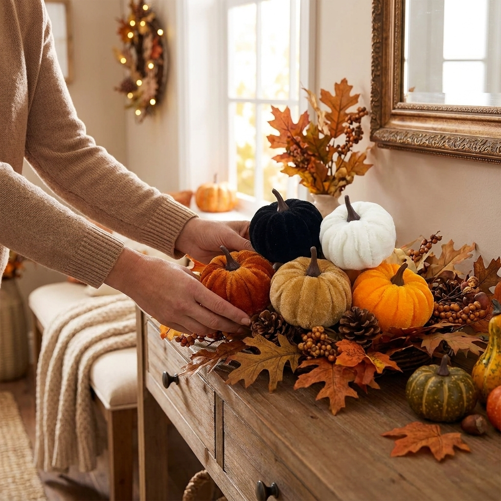Arranging small artificial pumpkins on a console table