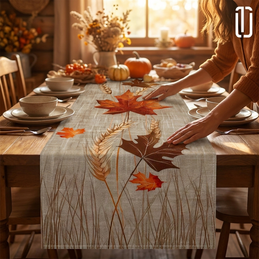 Autumn maple leaf table runner laid on a dining table