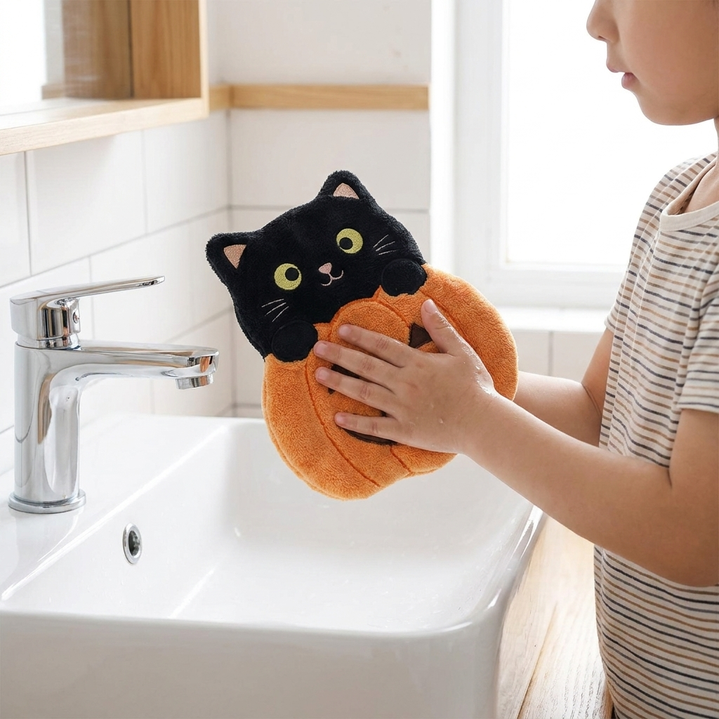 Child drying hands with a black cat hand towel
