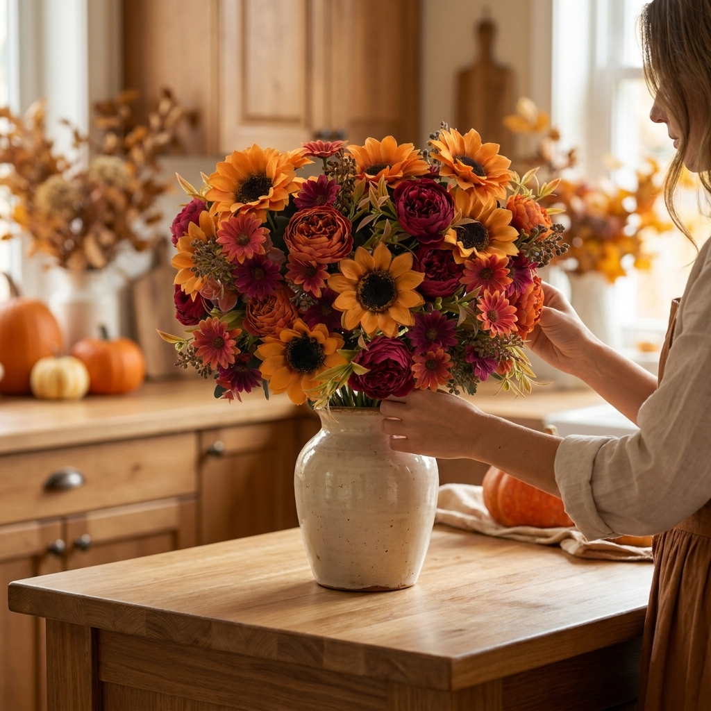 Arranging an artificial sunflower bouquet in a vase