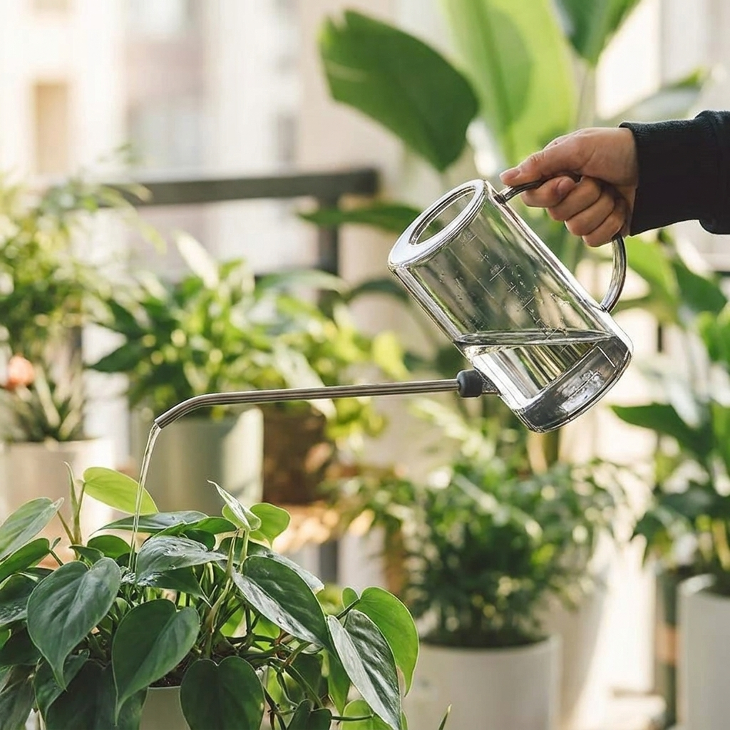 Watering a houseplant with long spout watering can