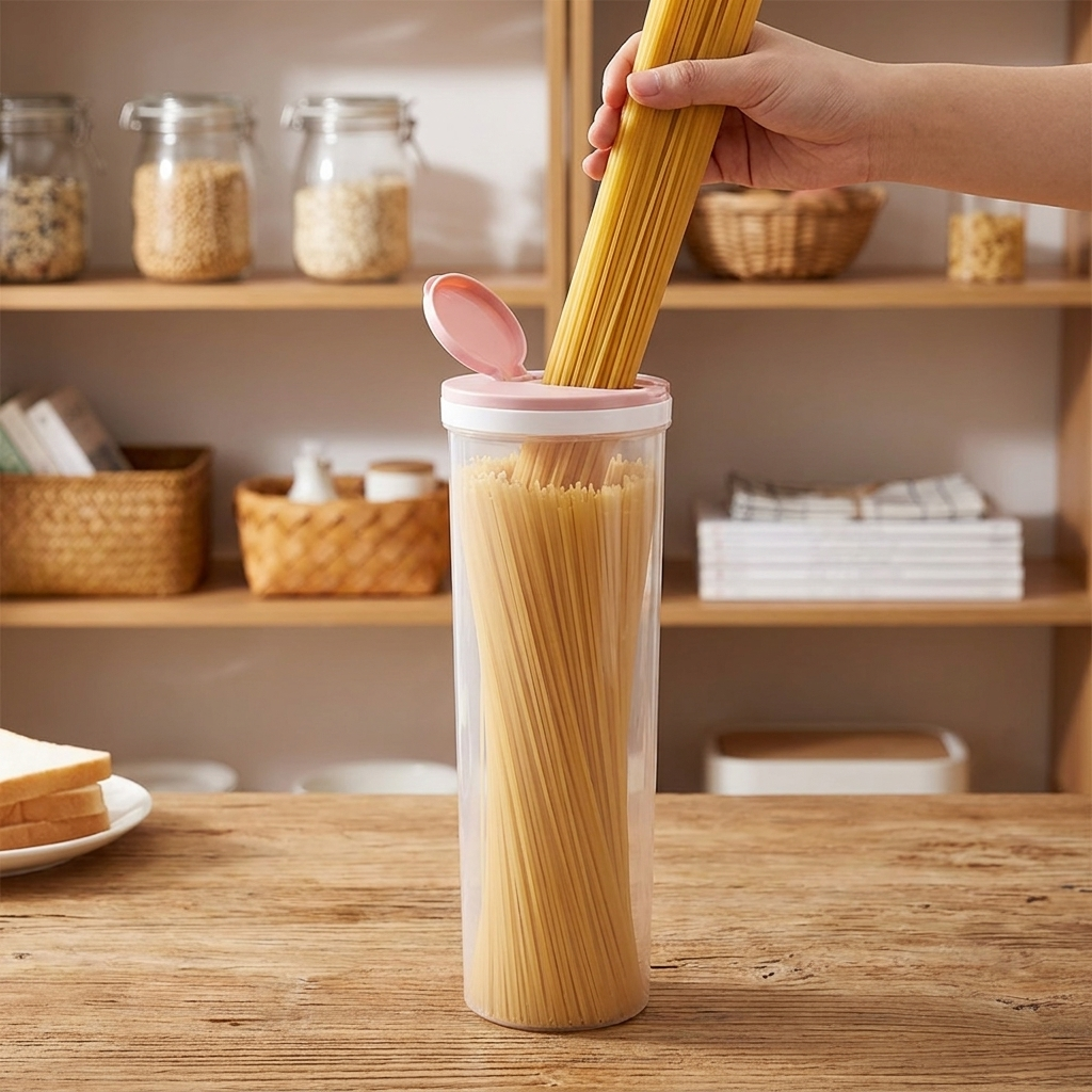 Hand filling the airtight pasta storage canister in a kitchen