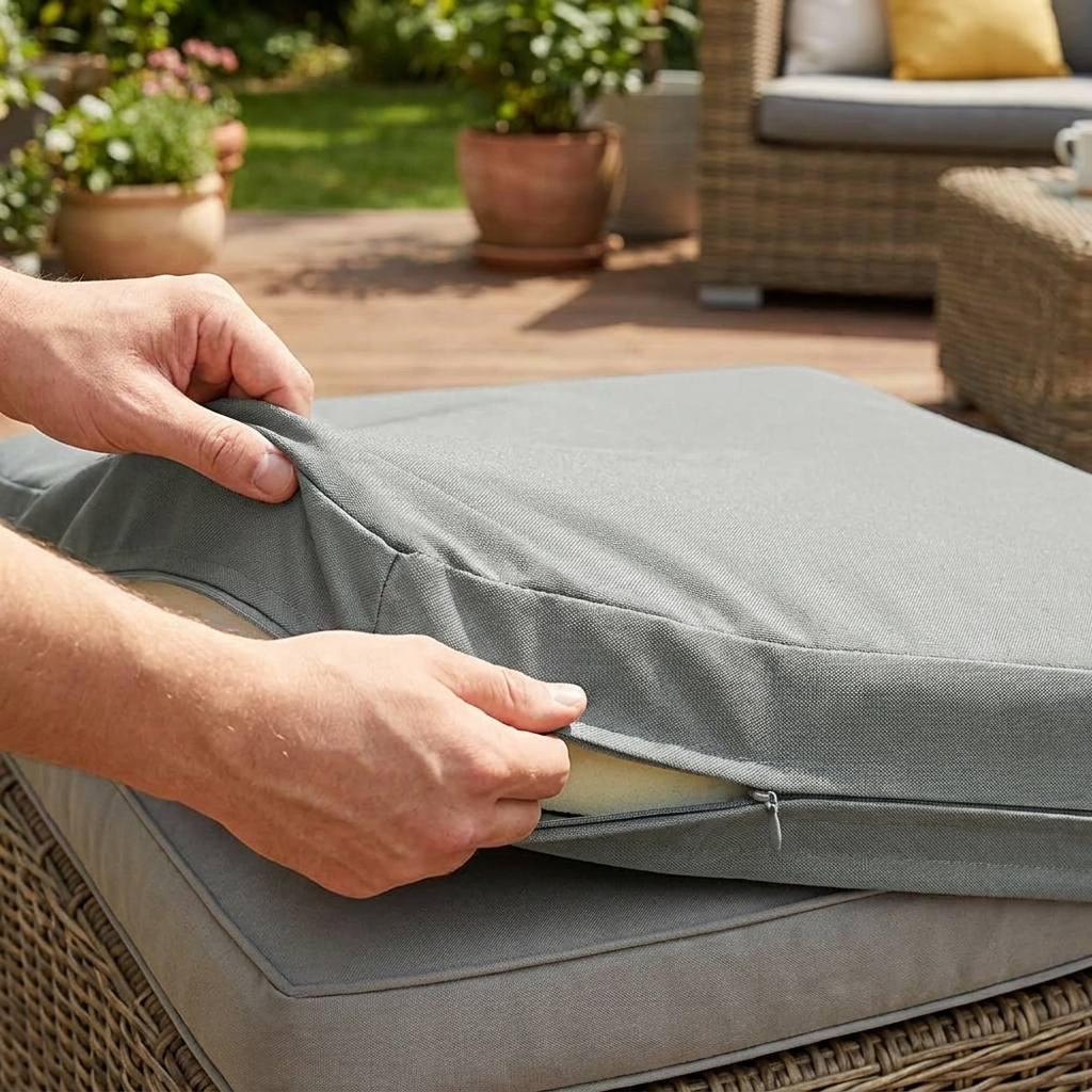 Hands slipping the cushion cover onto a patio chair cushion