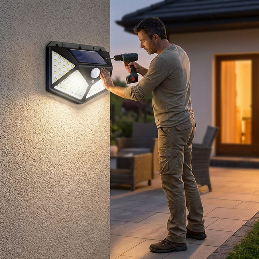 Man mounting the solar LED wall light on an exterior house wall