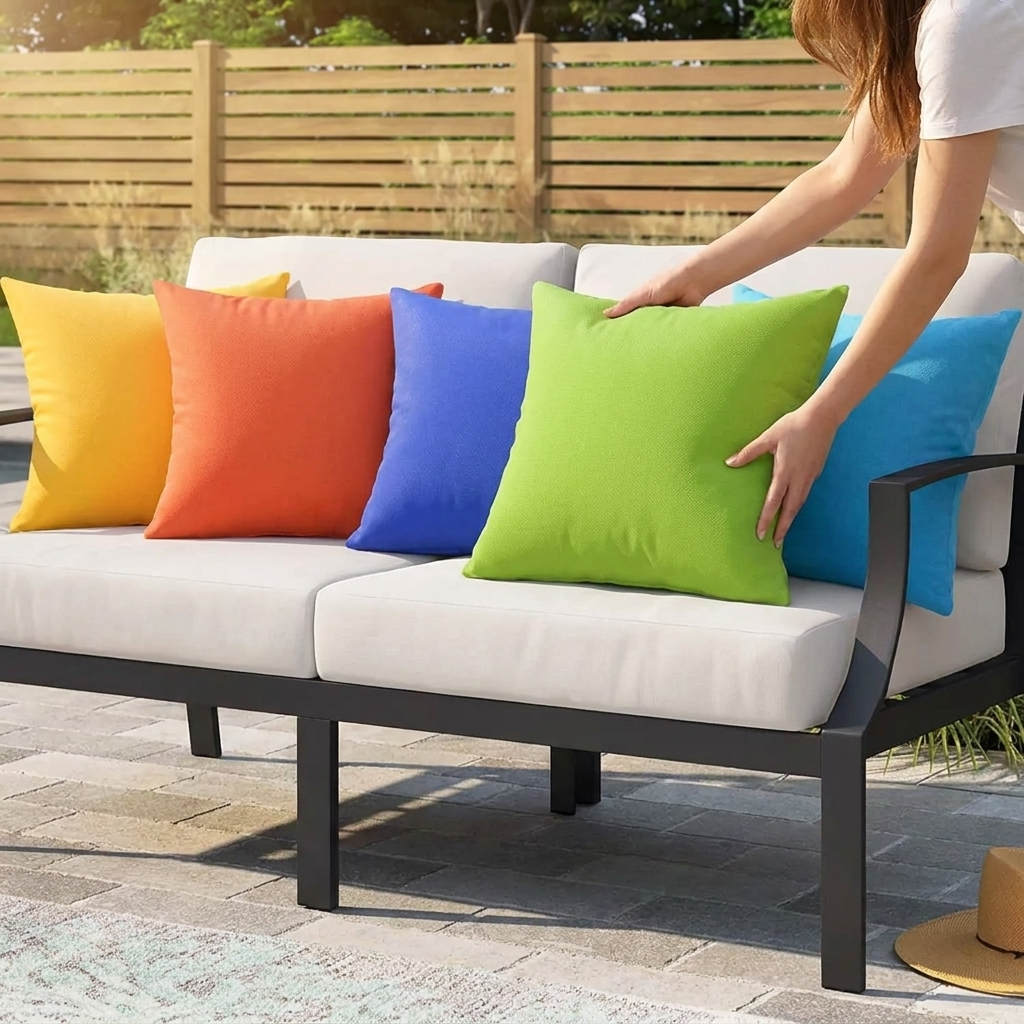 Woman placing the waterproof throw pillow on a patio sofa