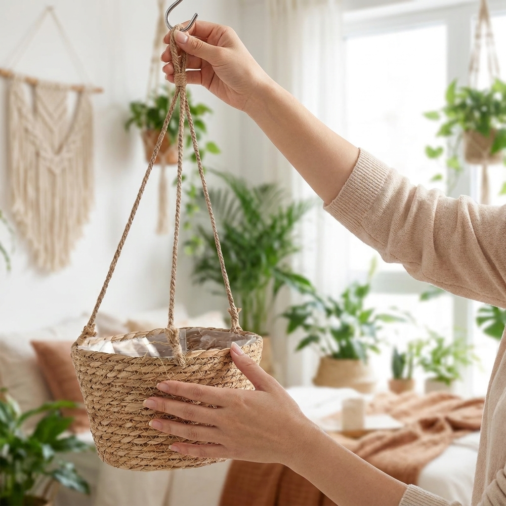 Hands hanging the jute macrame plant hanger with a potted plant