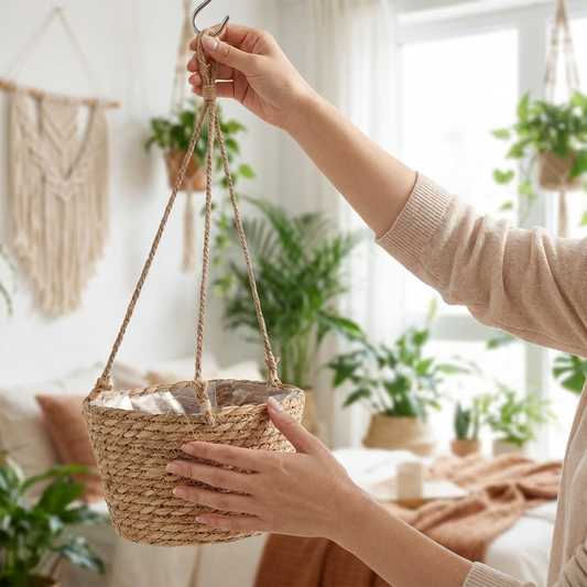 Hands hanging the jute macrame plant hanger with a potted plant